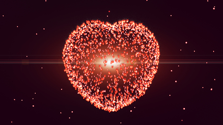 Red pink heart shape particle explosion, and flying , Dark background.の写真素材