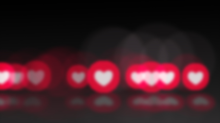 Group of white red pink generic  love emotion icons and blur bokeh on floor with reflection.
