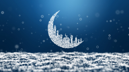 Moon Mosque Sighting Announcement Ramadan kareem Mubarak and eight star particle blue Background.

の写真素材