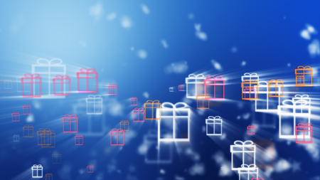 Digital blue abstract background with many rectangular gift boxes scattered into sparkling wave particles and areas with deep depths.の写真素材