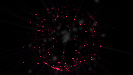 Black background, digital signature with sparkling heart-shaped particles and areas with deep depths Particles are light linesの写真素材