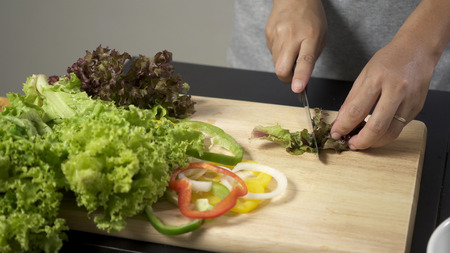 Woman cutting fresh salad vegetable for making salad.の写真素材
