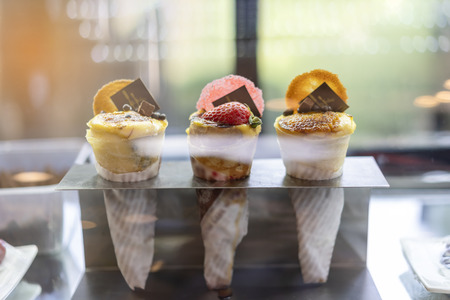 Dessert, chocolate, beautifully placed in the tray ready for sale.の写真素材