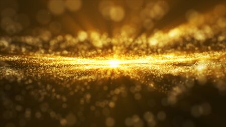 Glow golden dust particale glitter sparks abstract background for celebration with light beam and...