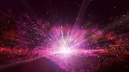Glow purple dust particale glitter sparks abstract background for celebration with light beam and shine in center.の写真素材