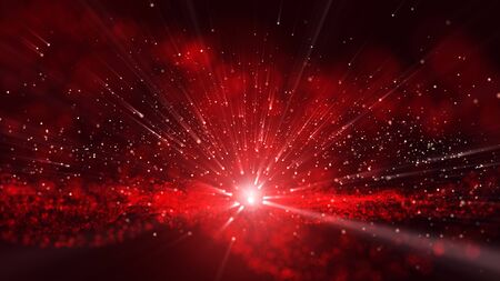 Glow red dust particale glitter sparks abstract background for celebration with light beam and shine in center.の写真素材