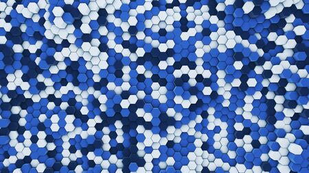3d render abstract colorful many technical geometric hexagons as a wave white and blue background.