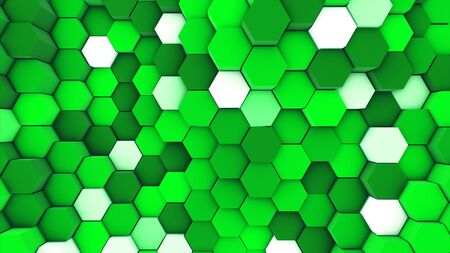 3d render abstract colorful many technical geometric hexagons as a wave white and green background....
