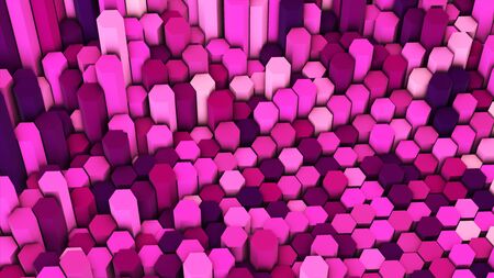 3d render abstract colorful many technical geometric hexagons as a wave white and pink background. lights ray shine glow beamの写真素材
