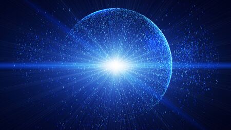 The dark blue background has a small blue  dust particle that shines in a circular motion, explosion light ray beam.の写真素材
