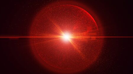The black background has a small red dust particle that shines in a circular motion, explosion light ray beam.の写真素材