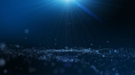 Dark blue and glow dust particle abstract background, Light ray beam effect.の写真素材