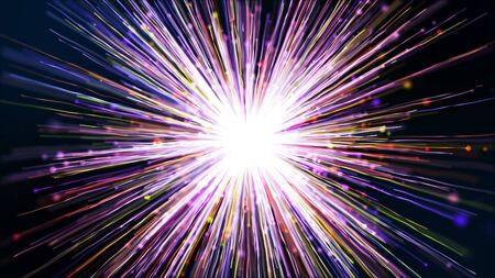 3D rendering colorful particle line like a flower grow or explosion. Glowing lines and light particles on dark blue background.の写真素材