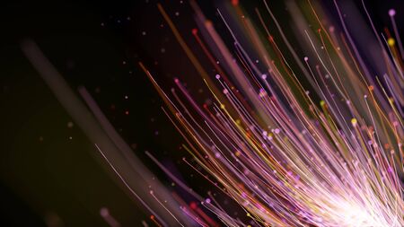 3D rendering colorful particle line like a flower grow. Glowing lines and light particles on dark blue background.の写真素材