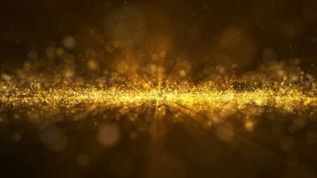 Glow golden dust particale glitter sparks abstract background for celebration with light beam and shine in center.Camera fly through.の写真素材