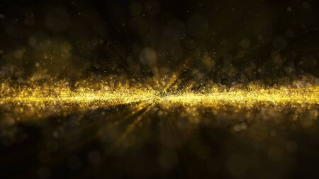 Glow golden dust particale glitter sparks abstract background for celebration with light beam and shine in center.Camera fly through.の写真素材