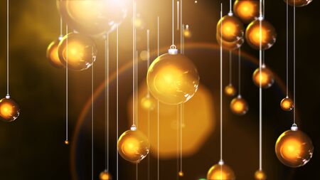 3D rendering Hanging christmas gold balls background and golden light and flare. の写真素材