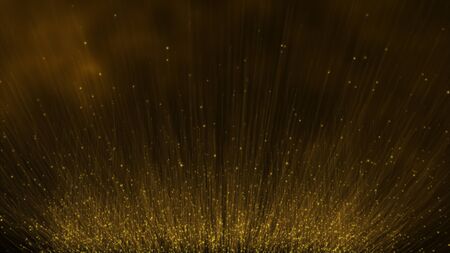 Golden glitter particles fly floating up. Glowing glittering lights on golden threads, shiny sparkling light and shimmer particles.の写真素材