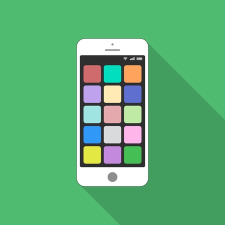 white smartphone flat style with shadow, telephone with multi colored app icons and a green background, vector templateのイラスト素材