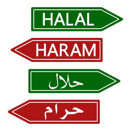 Halal and Haram Road sign, Muslim life style banner, vector prohibited and permitted illustrationのイラスト素材