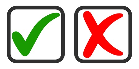 Icons yes and no, voting for and against, vector green tick and red cross in the voting square,...