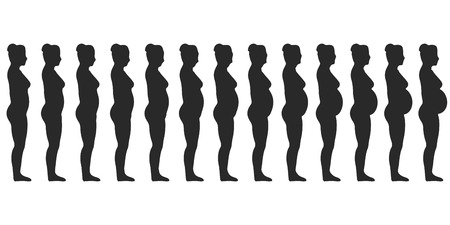 Set silhouette of a pregnant female women, Changes in a woman's body during pregnancy, abdominal enlargement, vector stage of pregnancy trimester and childbirth, template for infographicsのイラスト素材