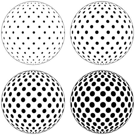 Set of 3D globe ball, dots circles pattern on the surface of the sphere, vector polka dot pattern on the surface of the ball, easy to editのイラスト素材