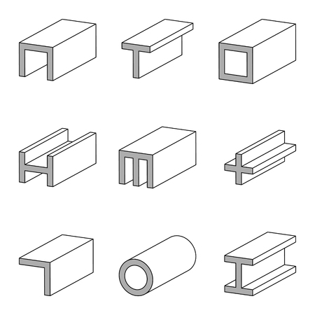Steel cections icon, profiles, plates and tubes dimensions, properties, technical specifications, set vector line icon of steel pipe and beam product for construction industry workのイラスト素材