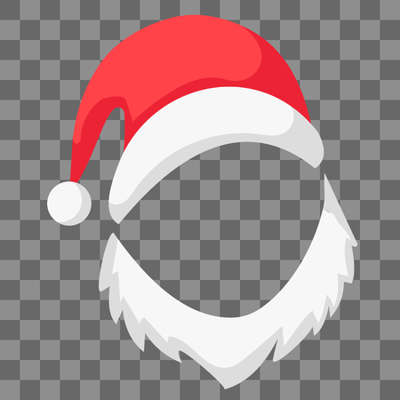 Red Santa Claus hat with beard mocap, vector festive decoration pictures Santa hat and beard, symbol of Christmas and new yearのイラスト素材