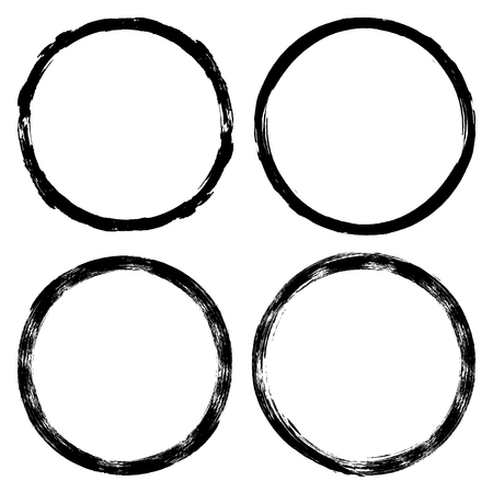 Set brush strokes paint circles on white. Ink hand-drawn paint brush circle.label design element vector illustration, black abstract circle frame, coffee Cup footprintのイラスト素材
