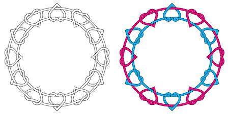 wreath twisted hearts, photo frame, vector interlacing red and blue hearts circle, symbol of love Valentine dayのイラスト素材