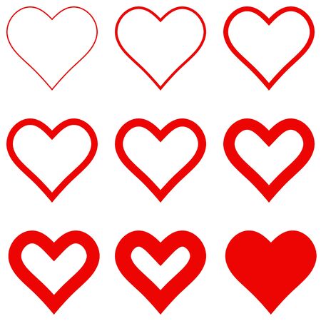 set red hearts with different stroke thickness, vector icon logo thin and thick hearts sign love symbol for Valentines dayのイラスト素材