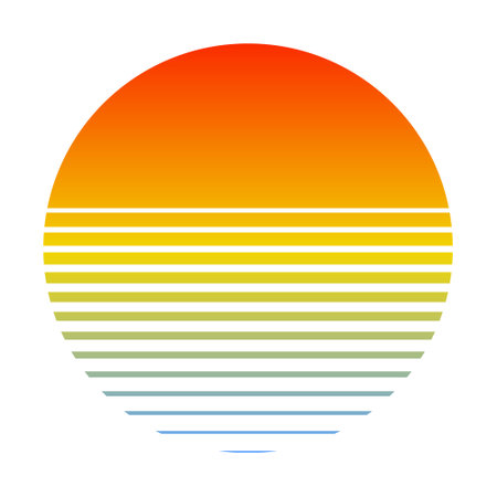 Retro sunset over the sea with gradient silhouette of sun and water. Vintage style summer icon style 80s 90sのイラスト素材