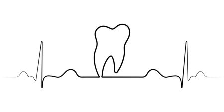 medical dental clinic with a single line, vector pulse, and the tooth of the dental office icon healthy tooth molar teeth and heartbeatのイラスト素材