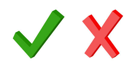 3d green check mark symbol and red cross, yes sign fact and myth verified fulfilled correct answerのイラスト素材