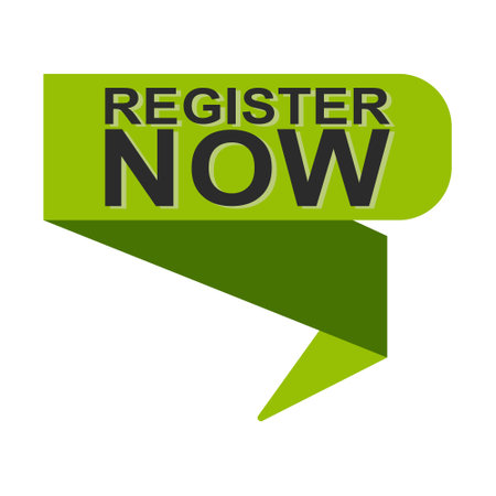 Register now speech bubble label on the green ribbon button pointerのイラスト素材