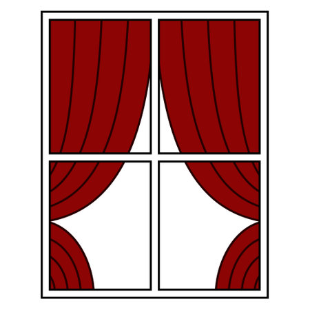 Window with white frame and red curtains, interior cozy homeのイラスト素材