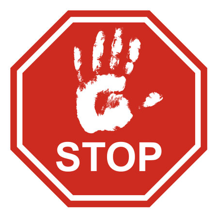 Octagonal stop sign, red stop sign with hand palm print