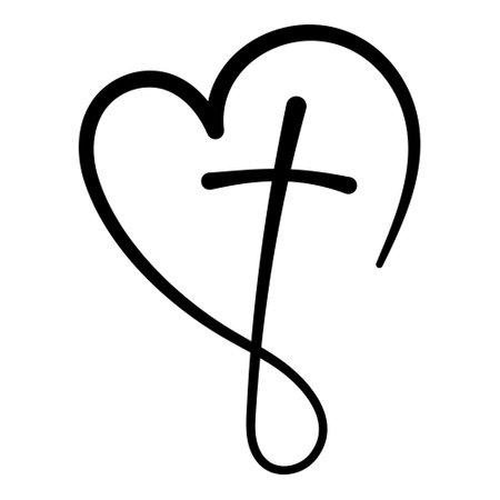 Elegant Black Heart with Cross, Spiritual Symbol in Simple Designのイラスト素材