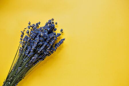 Lavender flowers on yellow background flat lay. Copy space, top view. Ecobags. Eco-bag concept.の写真素材