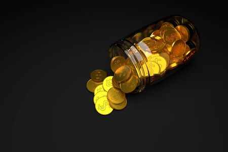 Transparent glass jar with gold coins with a dollar sign on a black background. 3d illustration.の写真素材