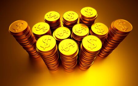 Bars of golden coins on a yellow bright background.の写真素材