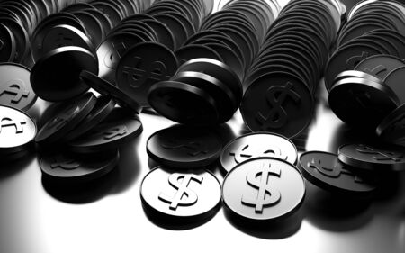 Silver coins fall and spin on a gray mirror surface.