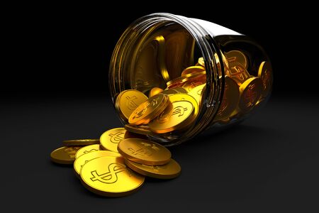 Transparent glass jar with gold coins with a dollar sign on a black background. 3d illustration.の写真素材