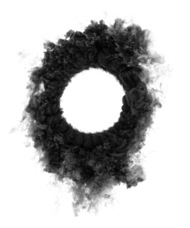 Circle made of black smoke close-up on a white background.の写真素材