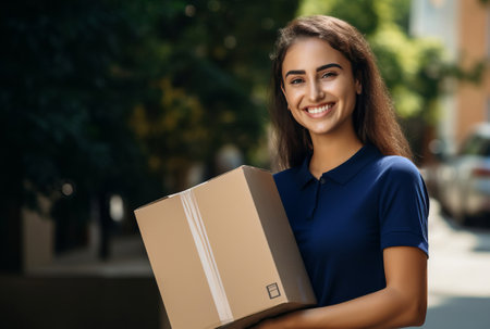 Smiling girl holding a parcel. Order delivery service.の素材