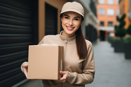 Smiling girl holding a parcel. Order delivery service.の素材