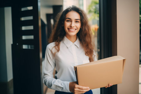 Smiling girl holding a parcel. Order delivery service.の素材