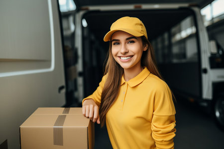 Smiling girl holding a parcel. Order delivery service.の素材