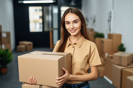 Smiling girl holding a parcel. Order delivery service.の素材